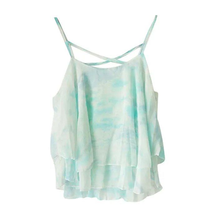 Summer Chiffon Cropped Top with Floral Print Strap Tank Top