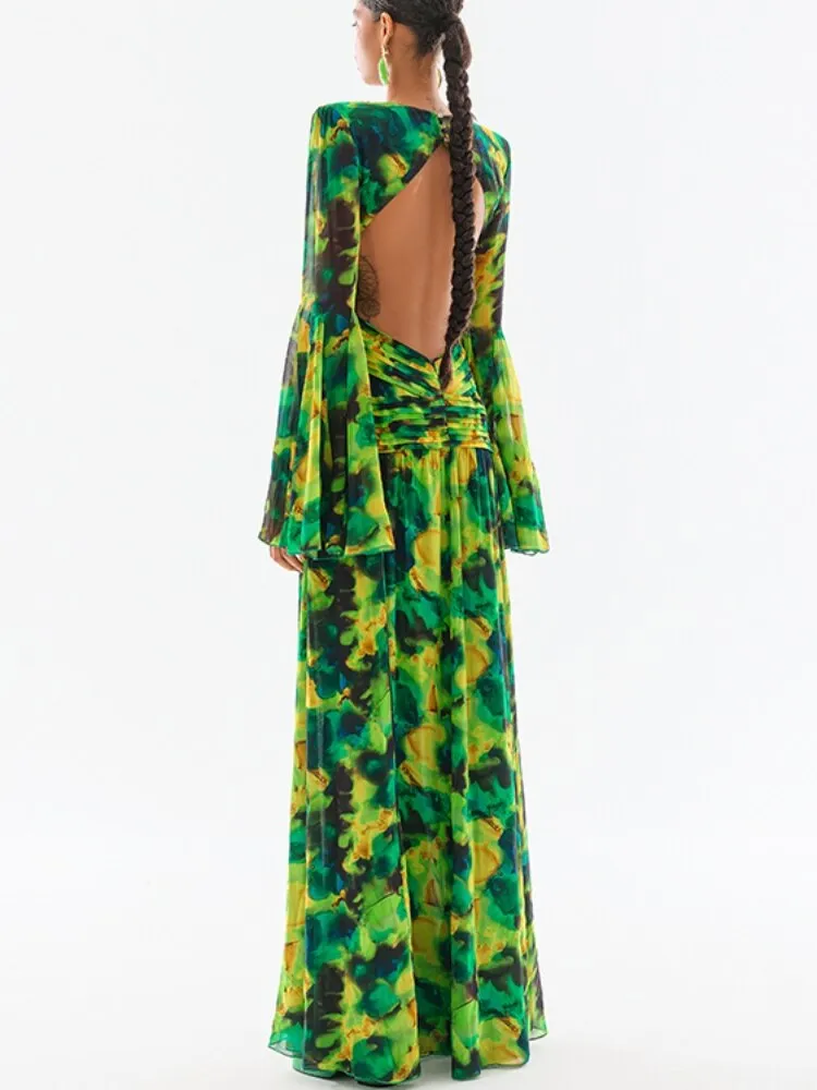Summer Forest Printed Long Sleeve Maxi Dress Sexy V Neck Hollow Out Backless Print Split Long Dresses Elegant Party Club Evening