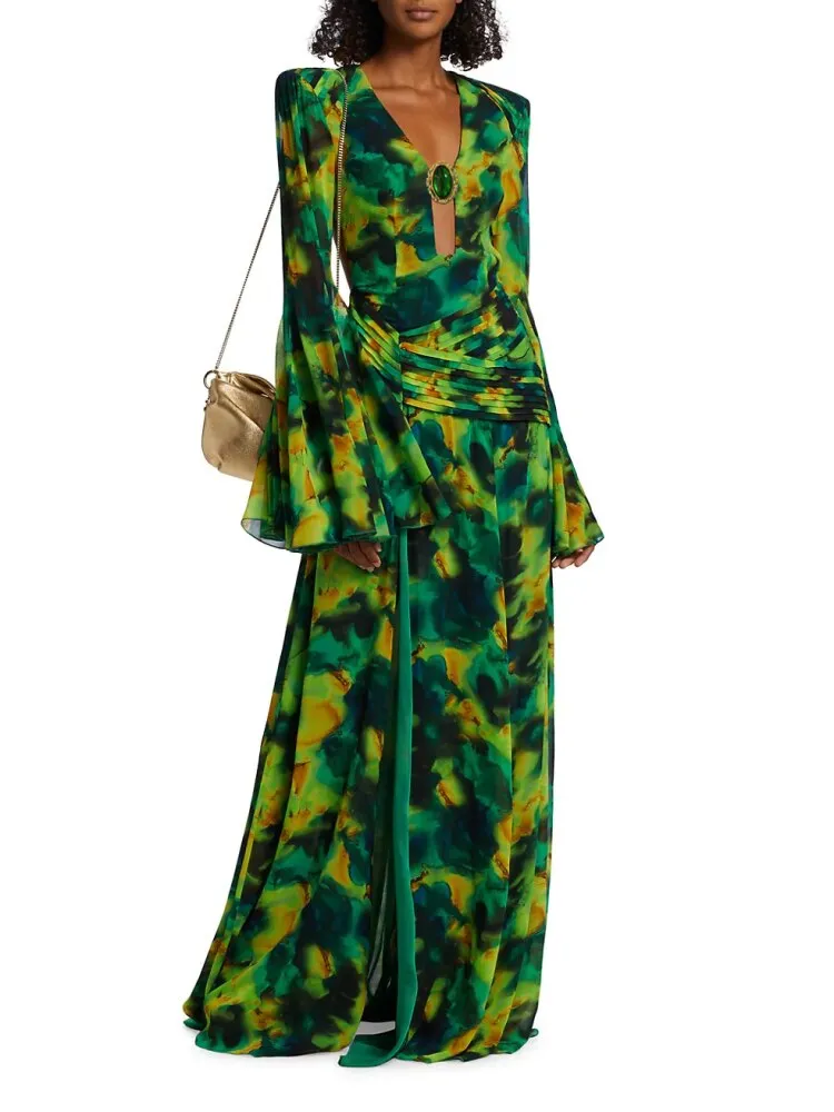 Summer Forest Printed Long Sleeve Maxi Dress Sexy V Neck Hollow Out Backless Print Split Long Dresses Elegant Party Club Evening