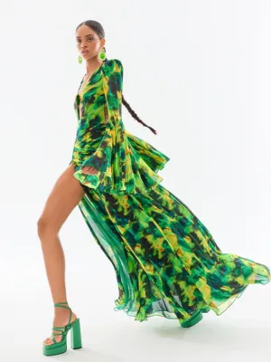 Summer Forest Printed Long Sleeve Maxi Dress Sexy V Neck Hollow Out Backless Print Split Long Dresses Elegant Party Club Evening