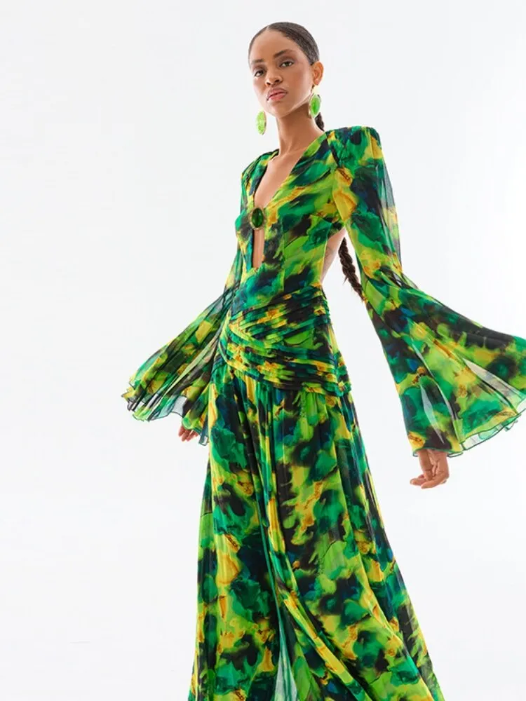 Summer Forest Printed Long Sleeve Maxi Dress Sexy V Neck Hollow Out Backless Print Split Long Dresses Elegant Party Club Evening