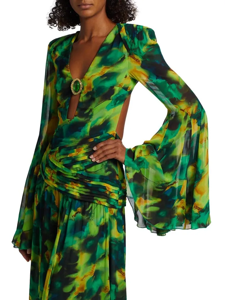 Summer Forest Printed Long Sleeve Maxi Dress Sexy V Neck Hollow Out Backless Print Split Long Dresses Elegant Party Club Evening