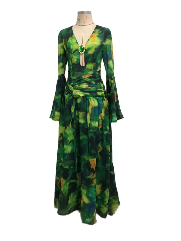 Summer Forest Printed Long Sleeve Maxi Dress Sexy V Neck Hollow Out Backless Print Split Long Dresses Elegant Party Club Evening