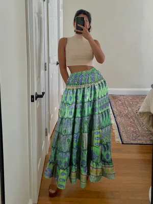 Summer Green Purple Floral Beach Maxi Skirt Patchwork Boho Skirt Dress S/M