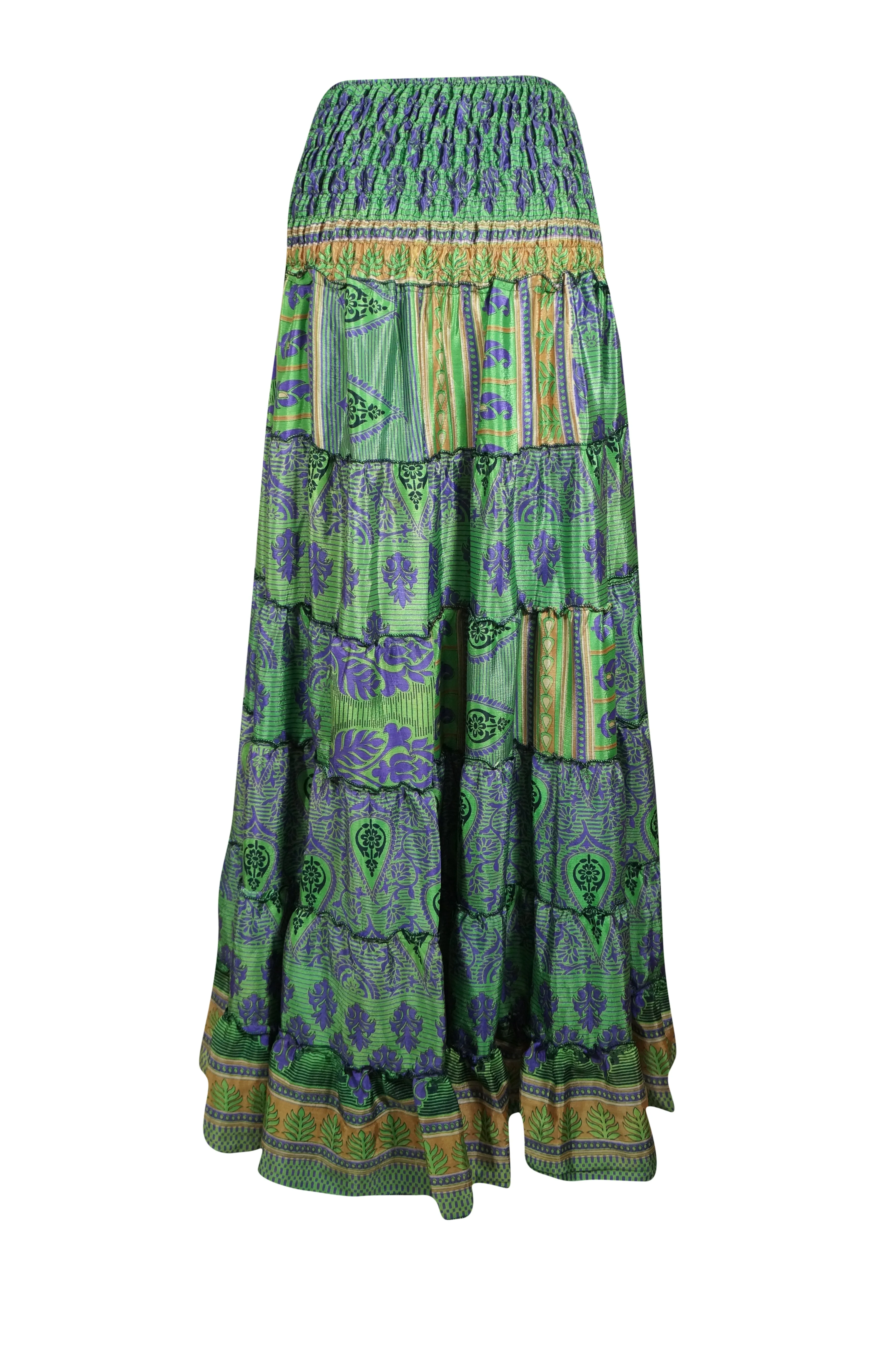 Summer Green Purple Floral Beach Maxi Skirt Patchwork Boho Skirt Dress S/M