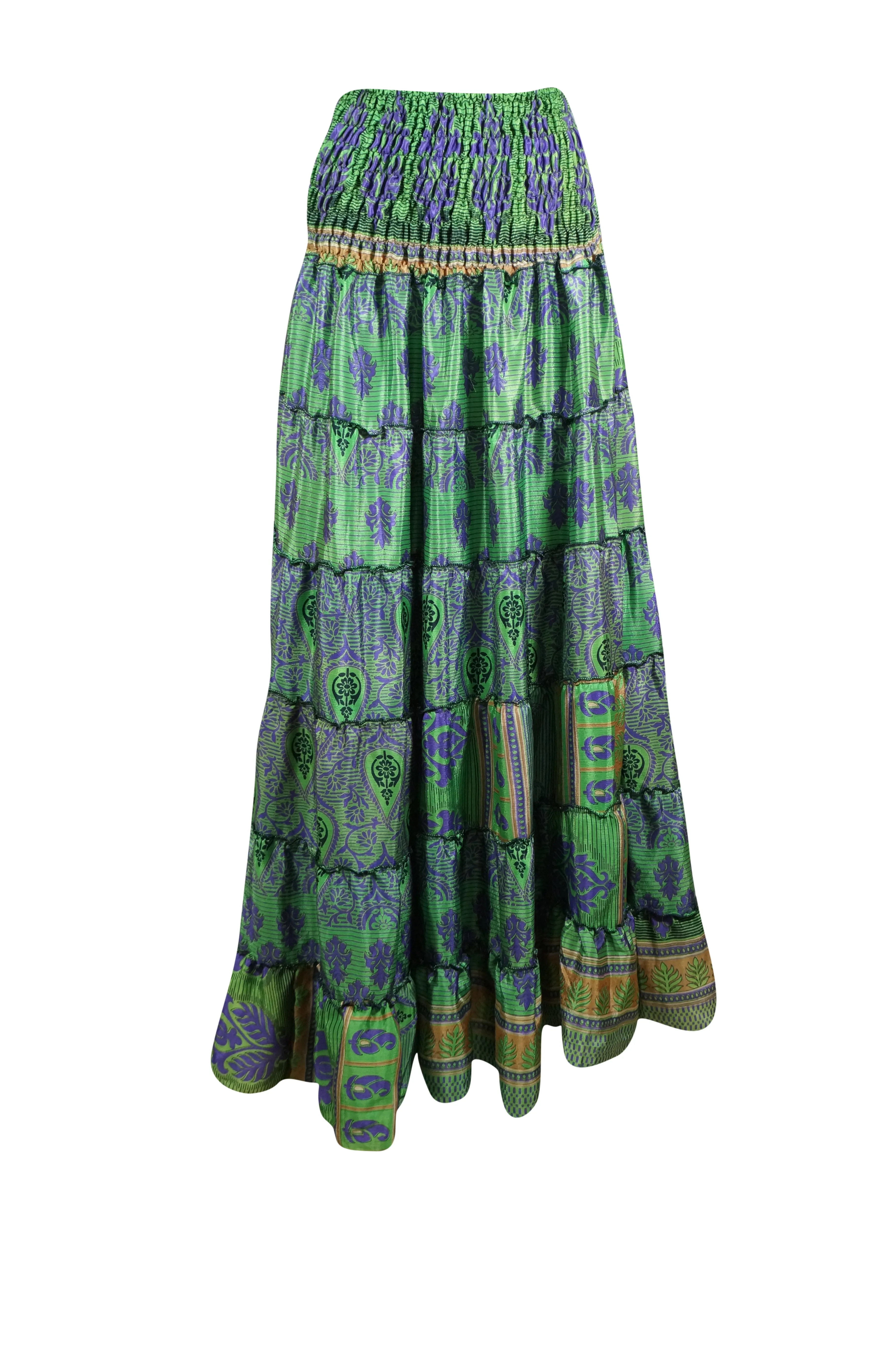 Summer Green Purple Floral Beach Maxi Skirt Patchwork Boho Skirt Dress S/M