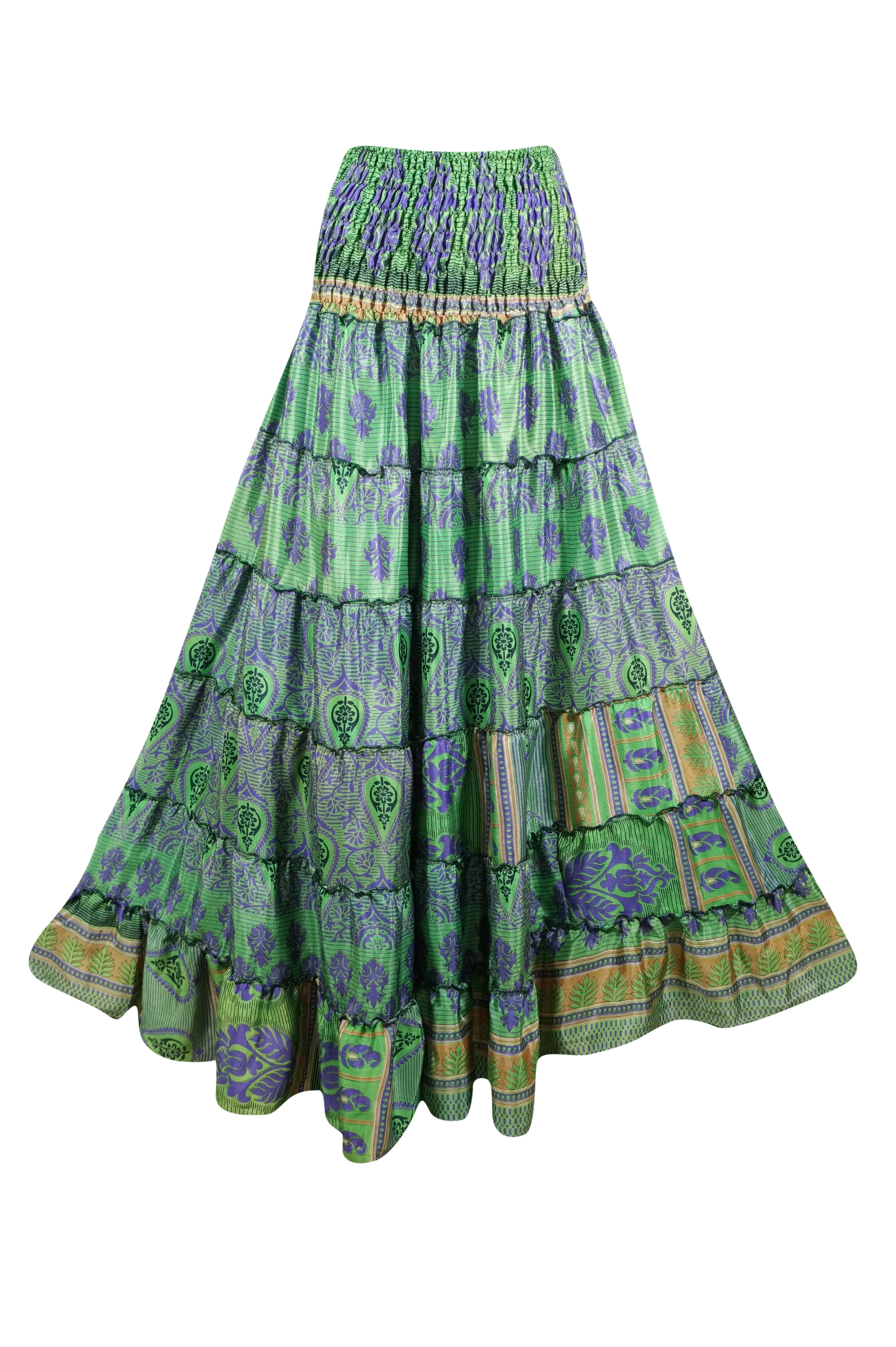 Summer Green Purple Floral Beach Maxi Skirt Patchwork Boho Skirt Dress S/M