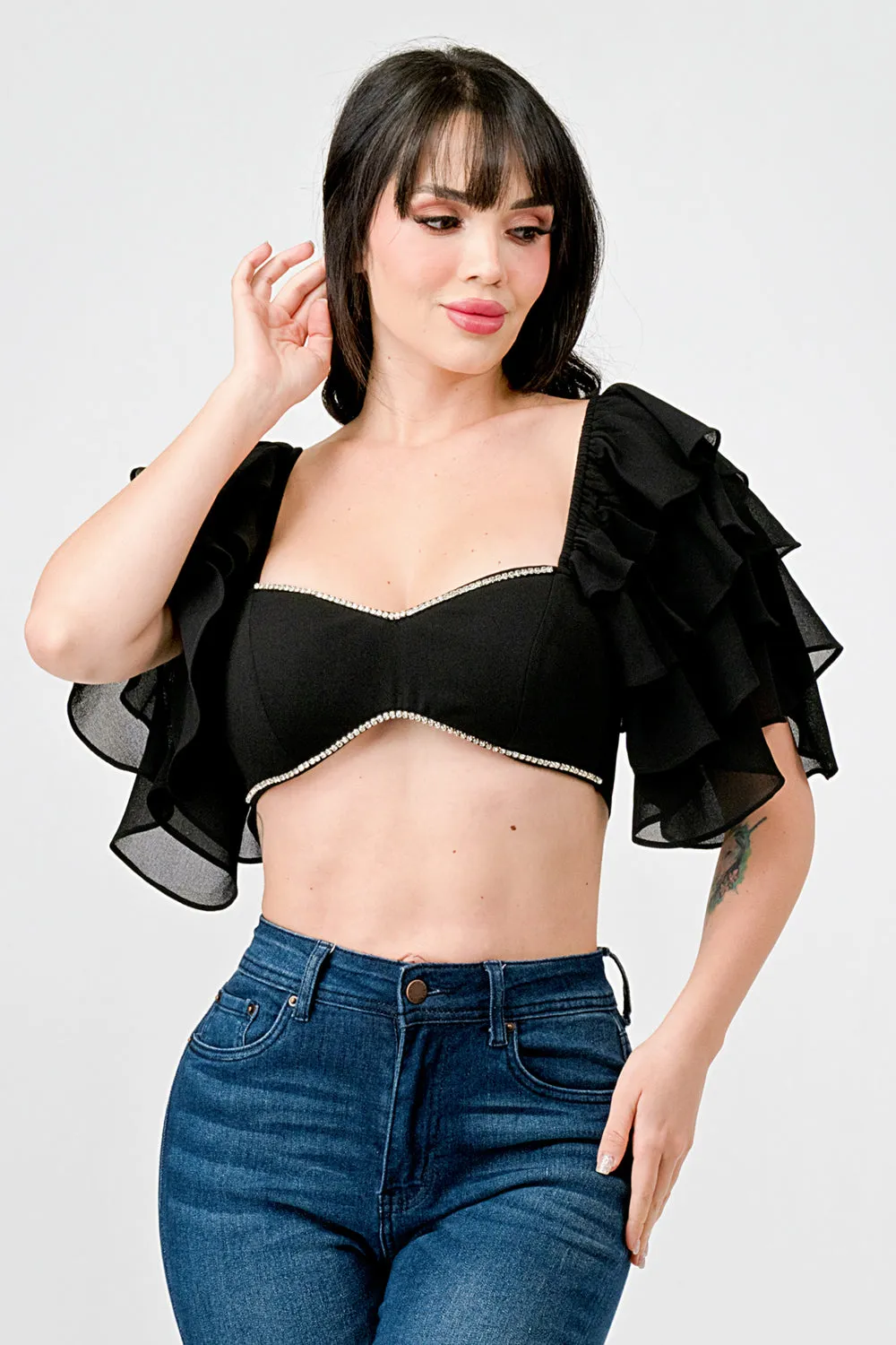 TECHNO CREPE SWEETHEART WITH RHINESTONE CROP TOP
