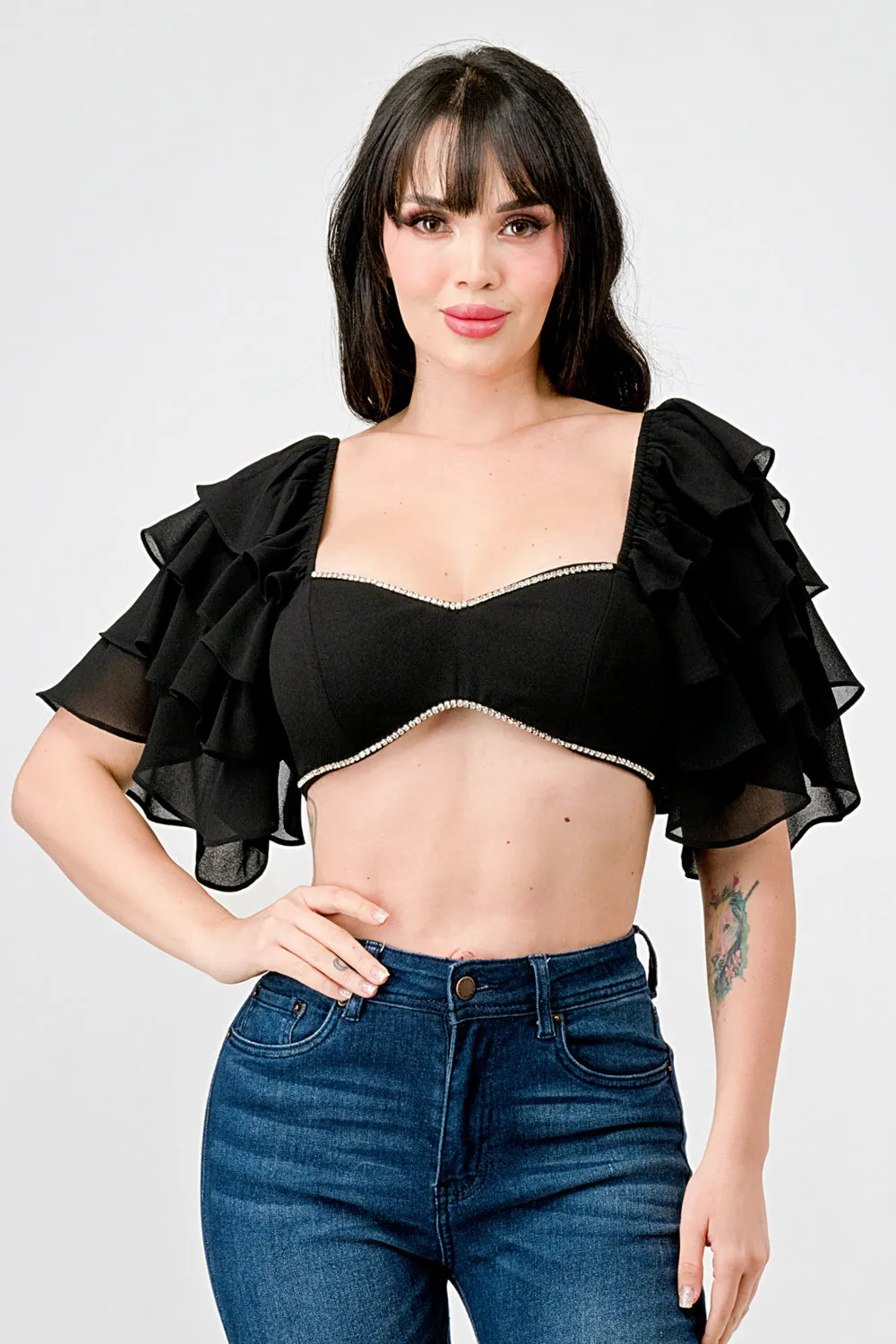 TECHNO CREPE SWEETHEART WITH RHINESTONE CROP TOP
