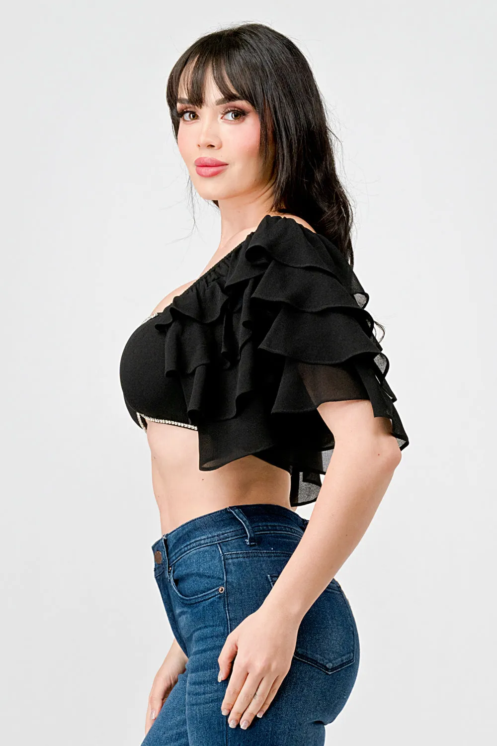 TECHNO CREPE SWEETHEART WITH RHINESTONE CROP TOP