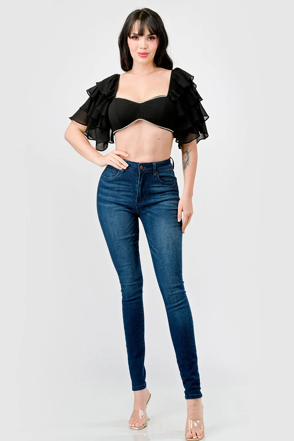 TECHNO CREPE SWEETHEART WITH RHINESTONE CROP TOP