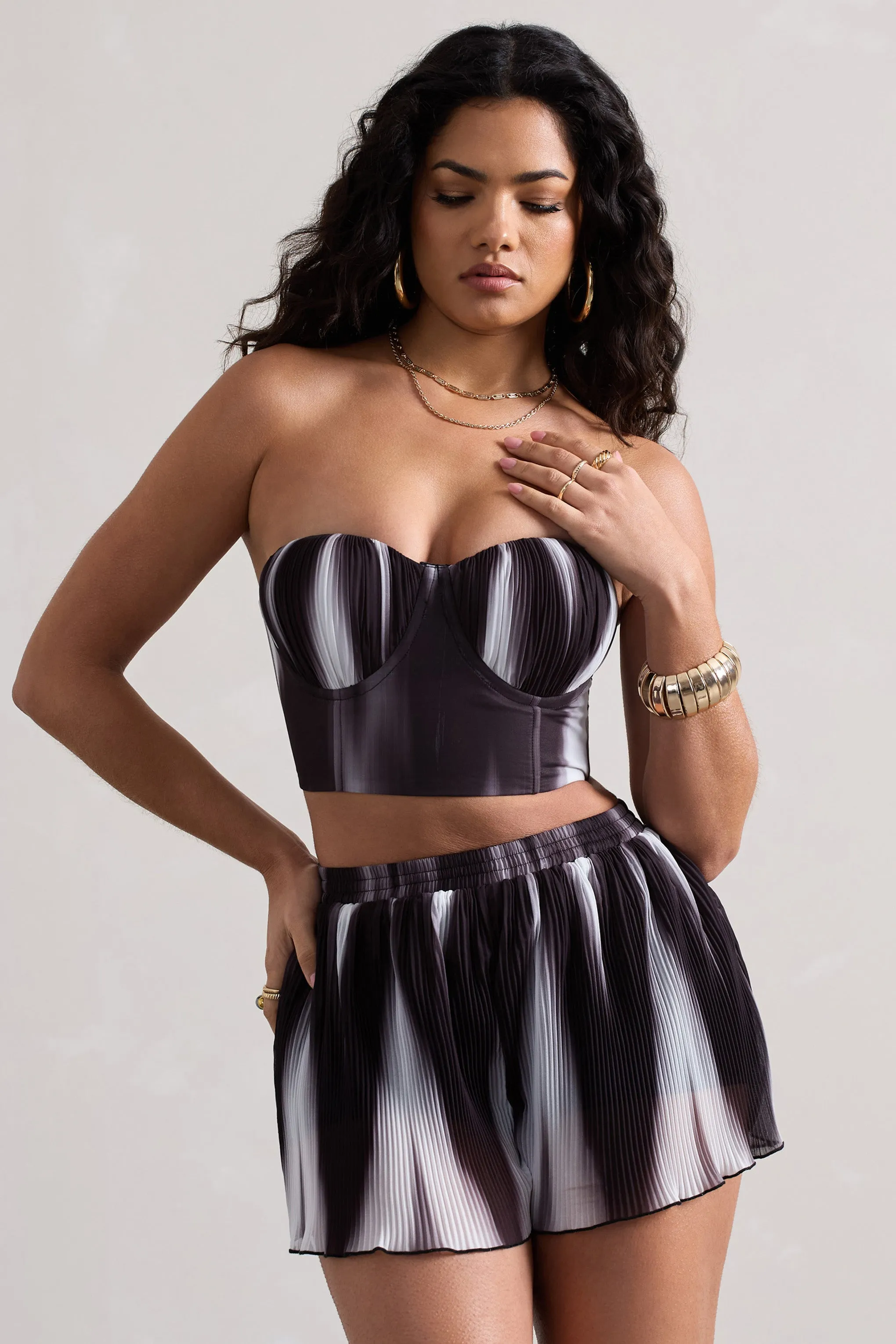 Tempo | Black Print Plisse Sweetheart Crop Top