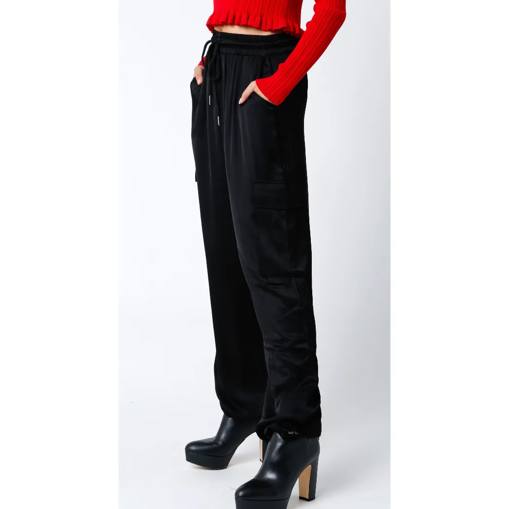 The Dillan Black Satin Cargo Parachute Pants