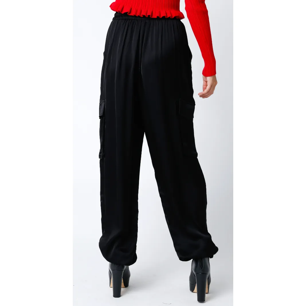 The Dillan Black Satin Cargo Parachute Pants