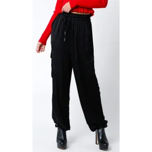 The Dillan Black Satin Cargo Parachute Pants