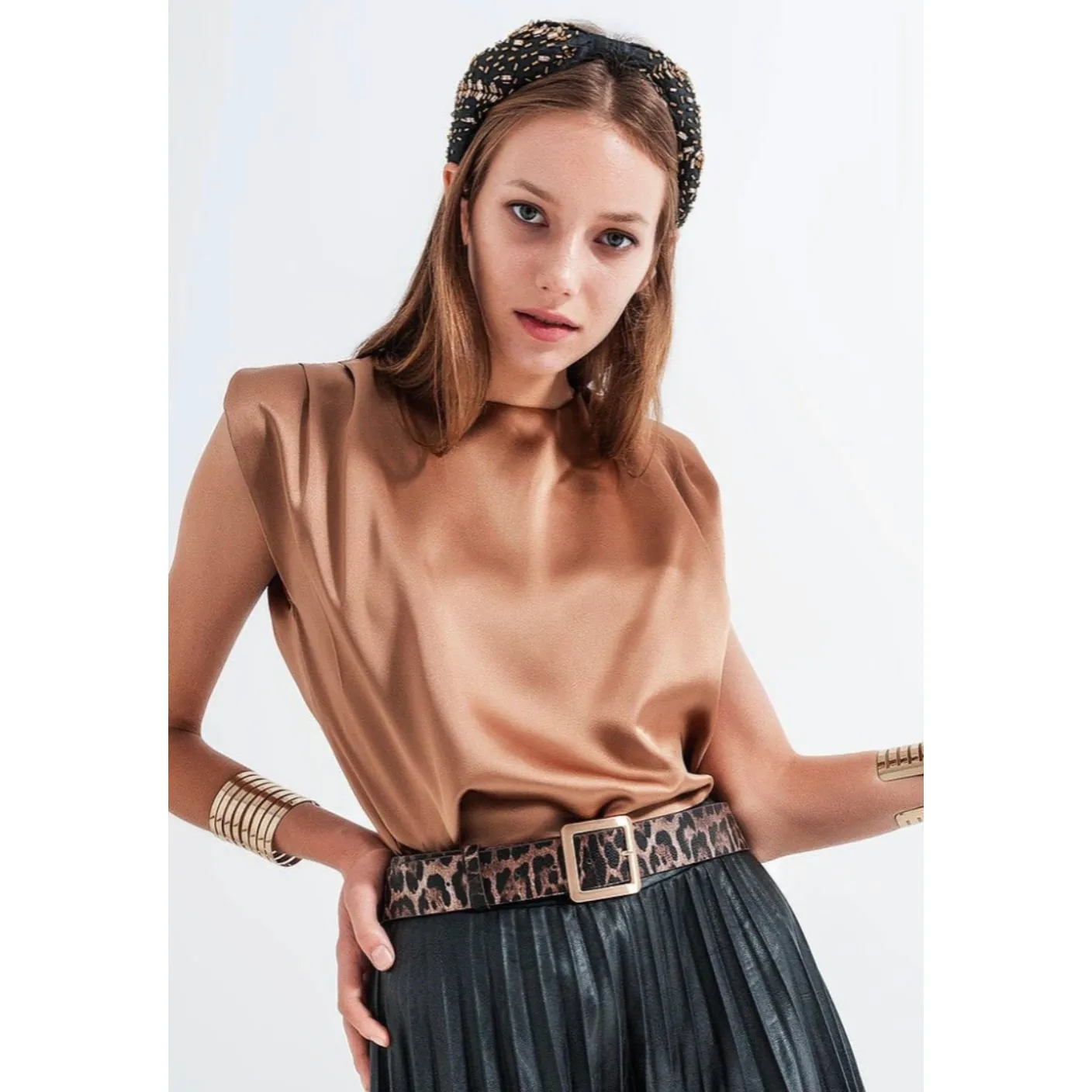 The Nonchalant Bronze Sleeveless Satin  Top