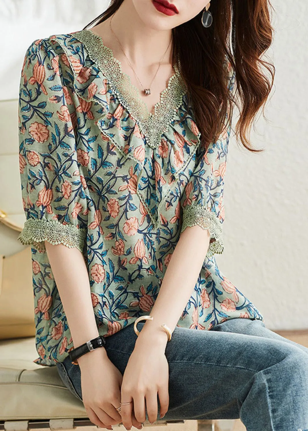Vintage V Neck Print Chiffon Tops Short Sleeve LY0363