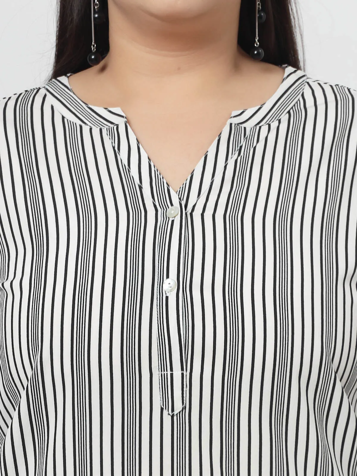 White Vertical Striped Mandarin Collar Roll-Up Sleeves Longline Top