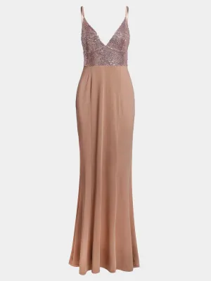 Wholesale Apricot Deep V Neck Sleeveless Plain Backless Sequins Embellished Maxi Dresses