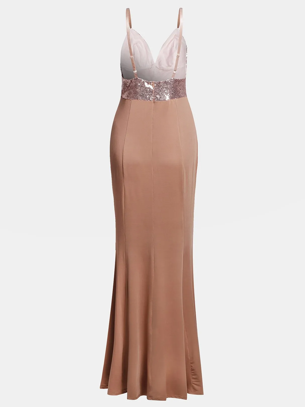 Wholesale Apricot Deep V Neck Sleeveless Plain Backless Sequins Embellished Maxi Dresses