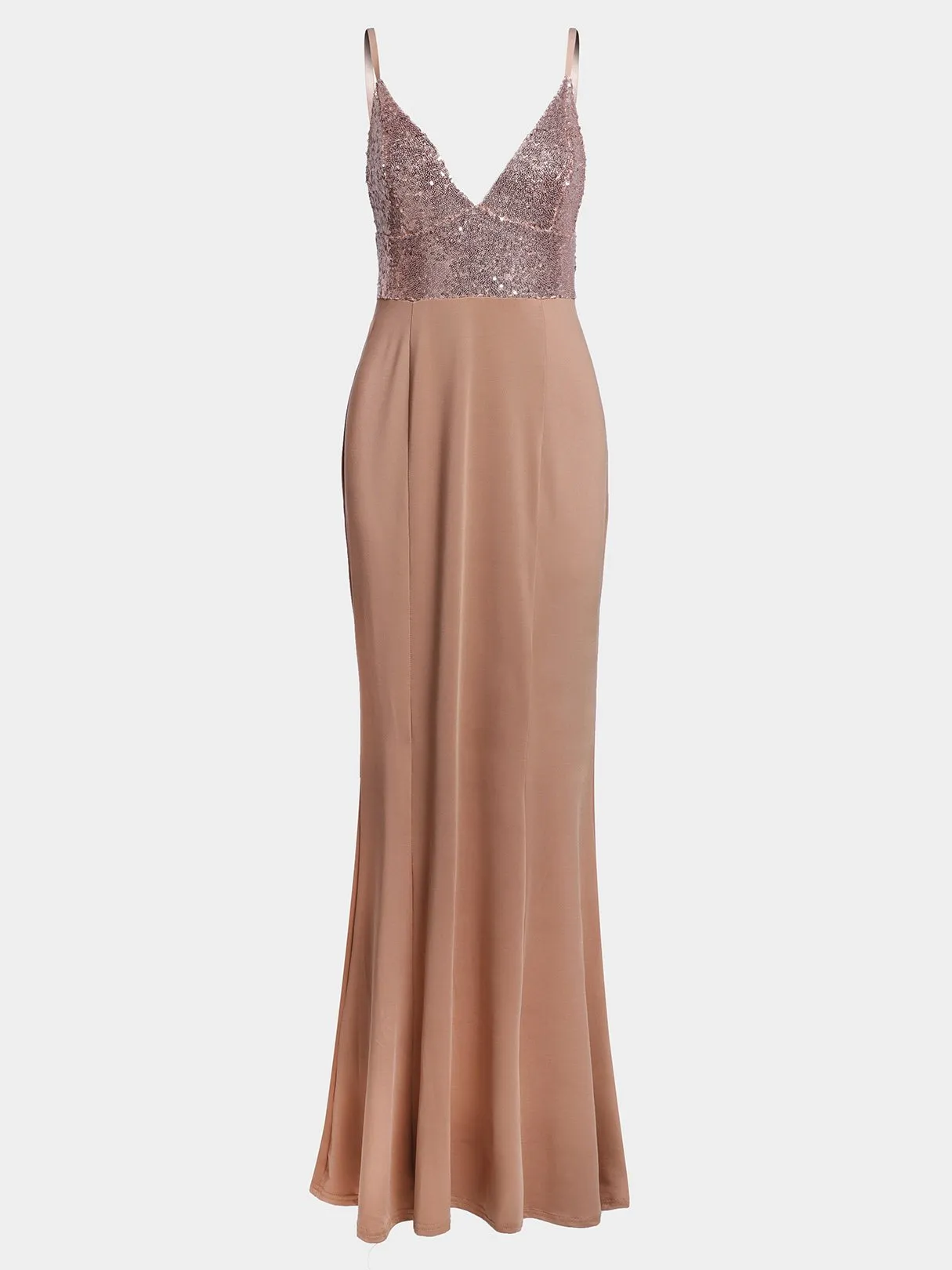 Wholesale Apricot Deep V Neck Sleeveless Plain Backless Sequins Embellished Maxi Dresses