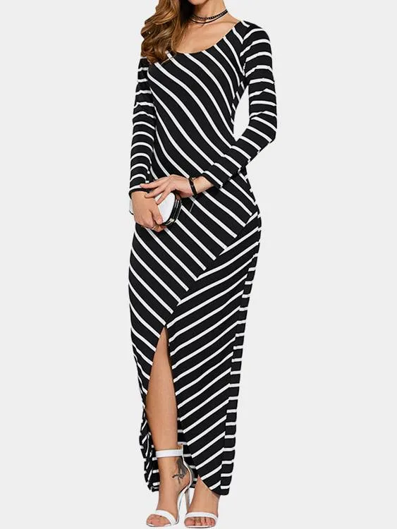 Wholesale Black Round Neck Long Sleeve Stripe Slit Hem Maxi Dresses