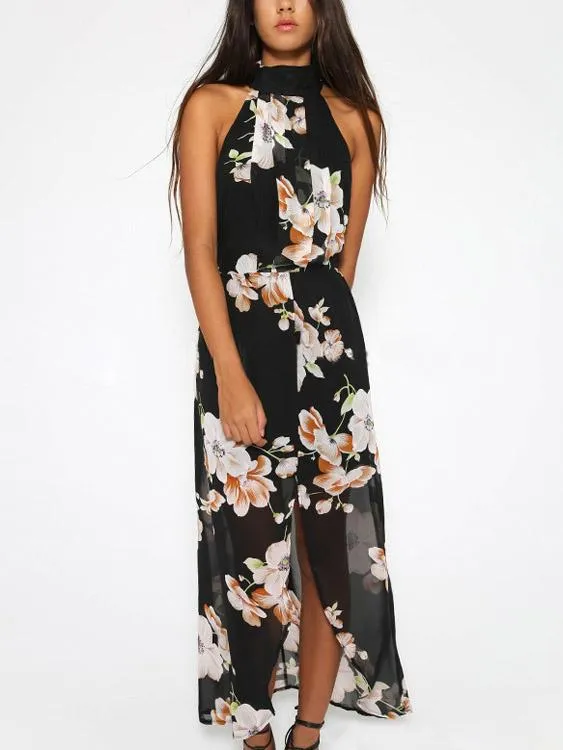 Wholesale Halter Sleeveless Floral Print Slit Hem Maxi Dress