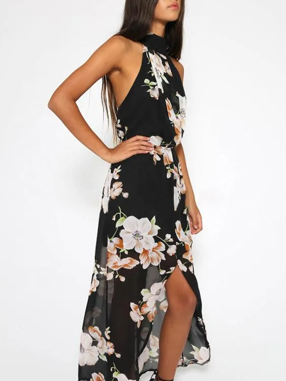 Wholesale Halter Sleeveless Floral Print Slit Hem Maxi Dress