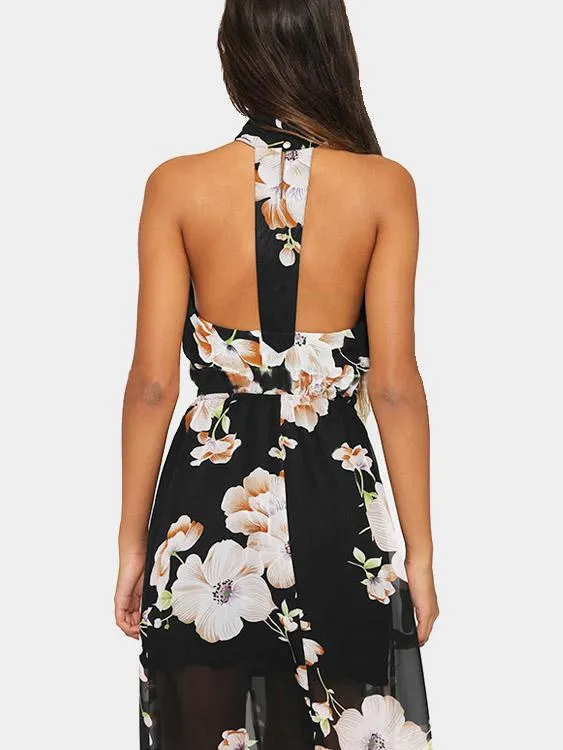 Wholesale Halter Sleeveless Floral Print Slit Hem Maxi Dress