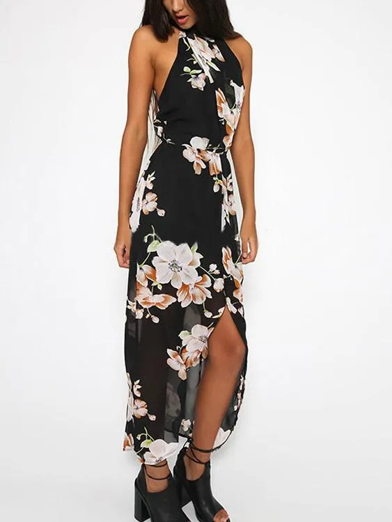 Wholesale Halter Sleeveless Floral Print Slit Hem Maxi Dress