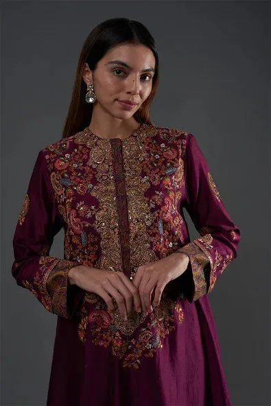 Wine Chanderi Kurta Set