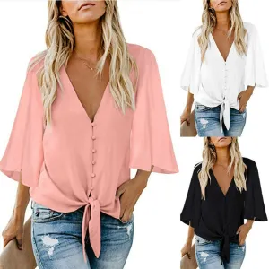 Women Chiffon Button Blouse Shirt Fashion Sexy BatwingSleeve Tops