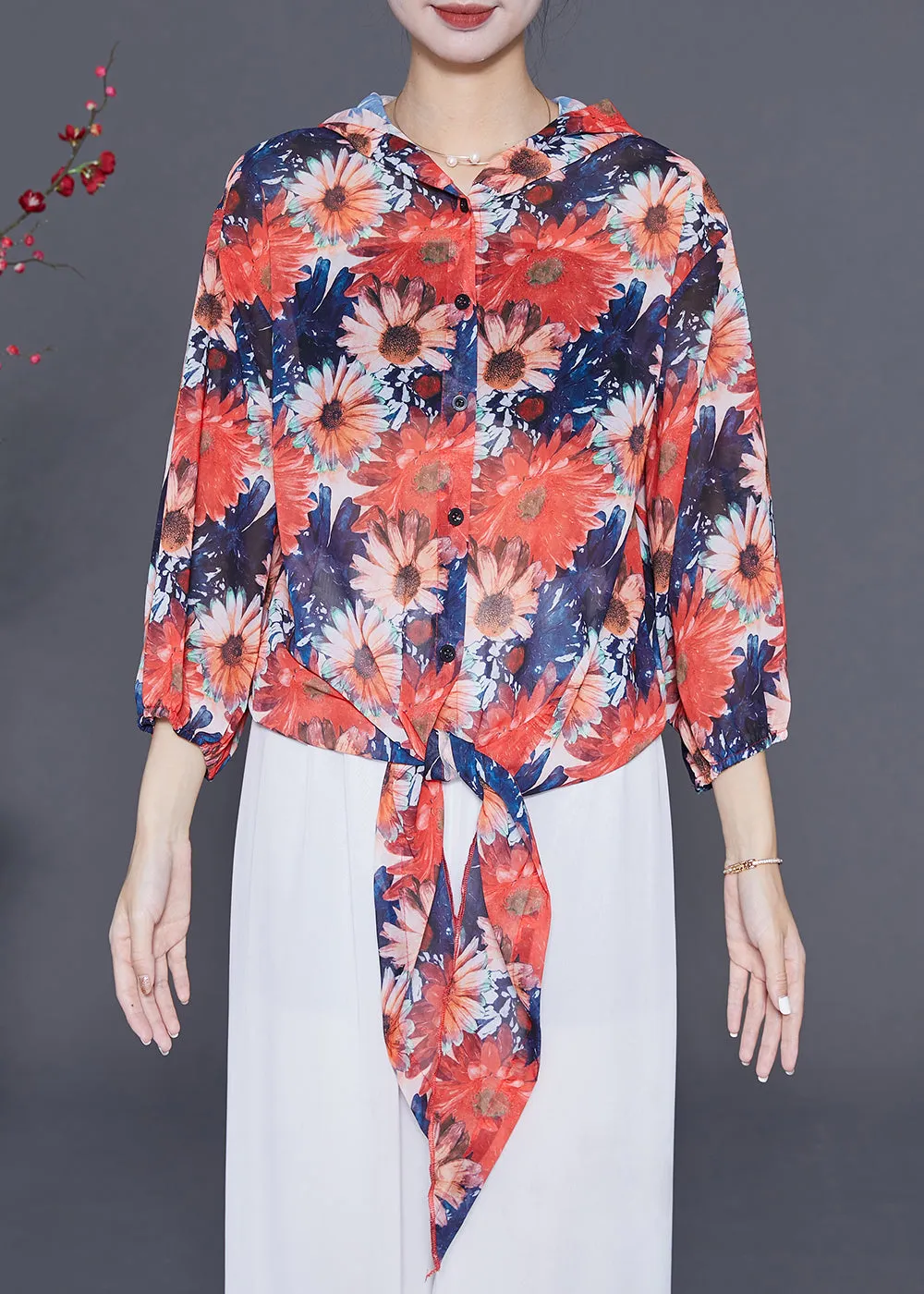 Women Orange Hooded Floral Chiffon UPF 50  Top Summer