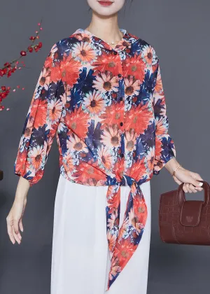 Women Orange Hooded Floral Chiffon UPF 50  Top Summer