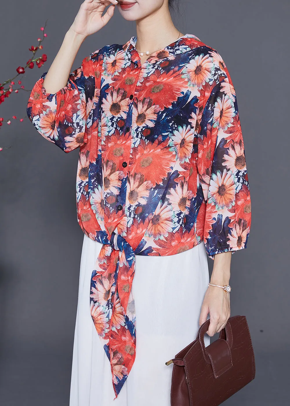 Women Orange Hooded Floral Chiffon UPF 50  Top Summer