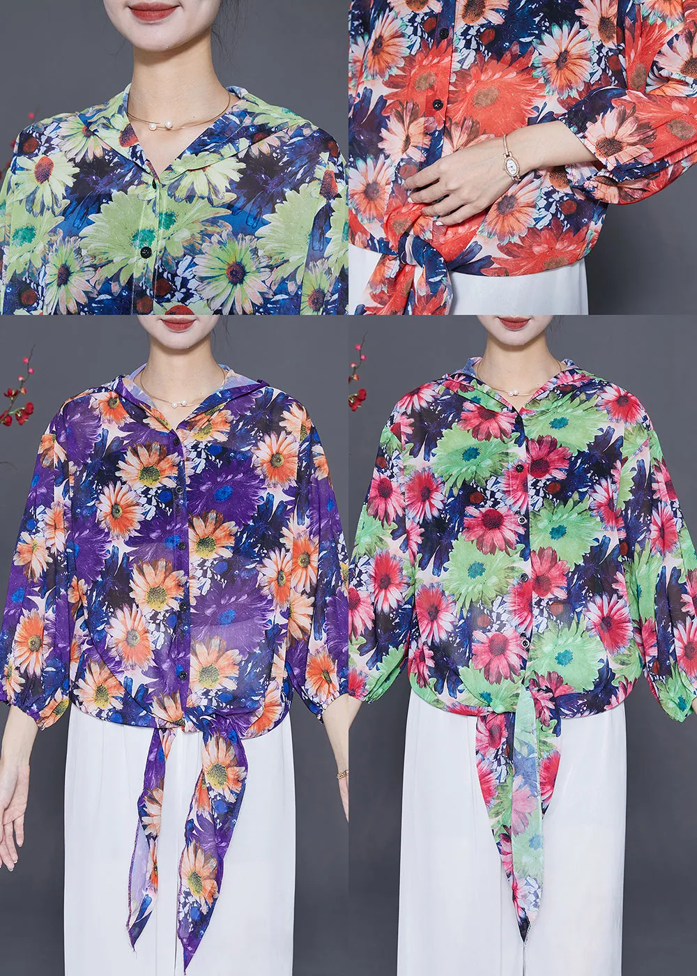 Women Orange Hooded Floral Chiffon UPF 50  Top Summer