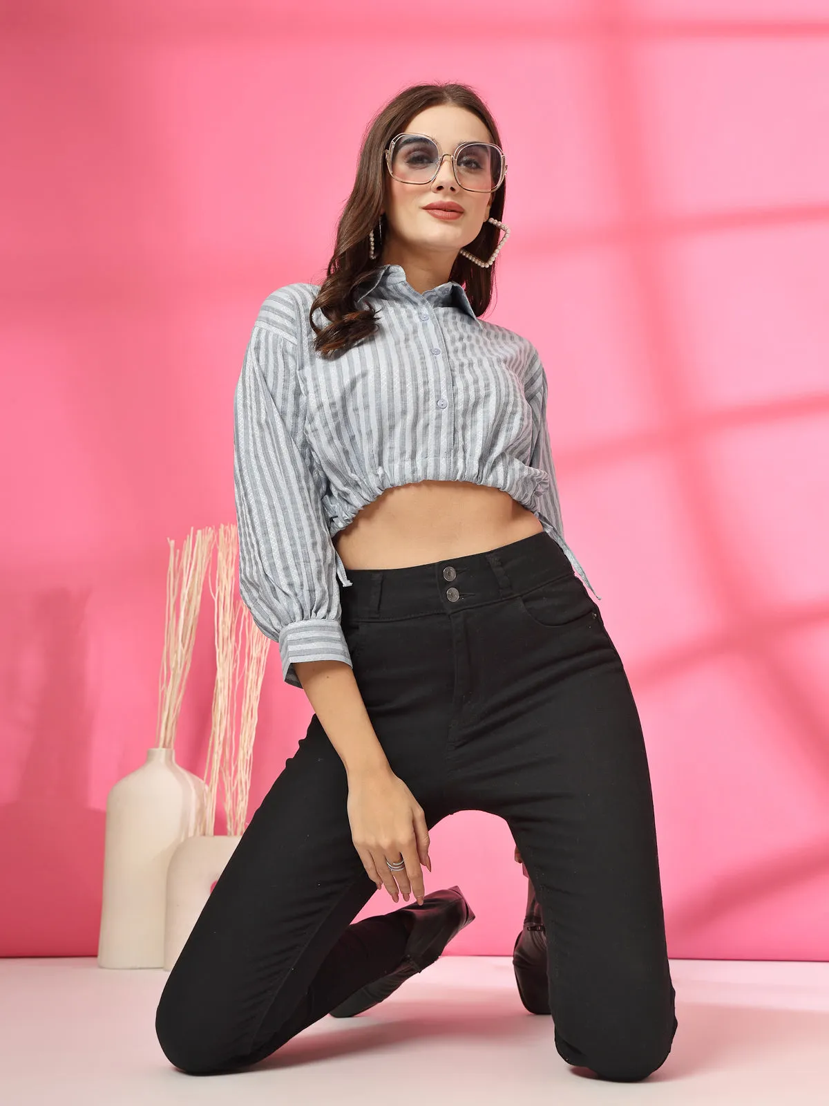 Women Striped Cotton Shirt Style Crop Top