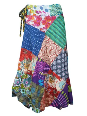 Womens  Blue Pink Floral Print Patchwork Skirt One size