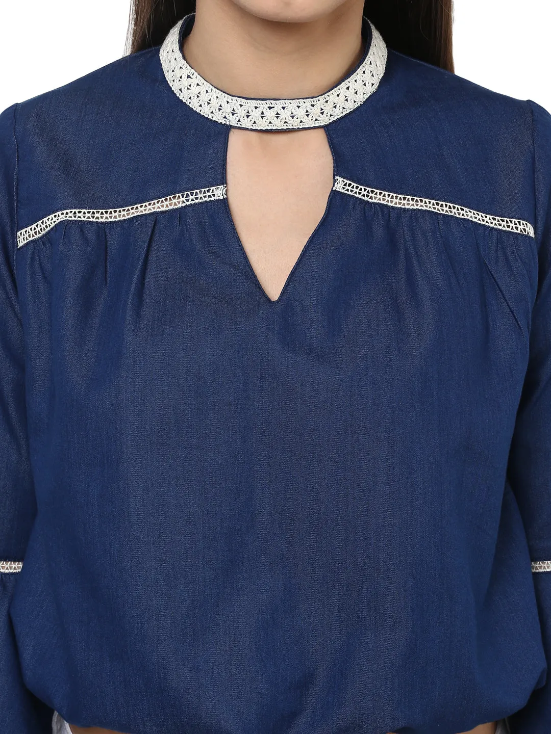 Women's  Denim peasant top with Lace detailing - StyleStone