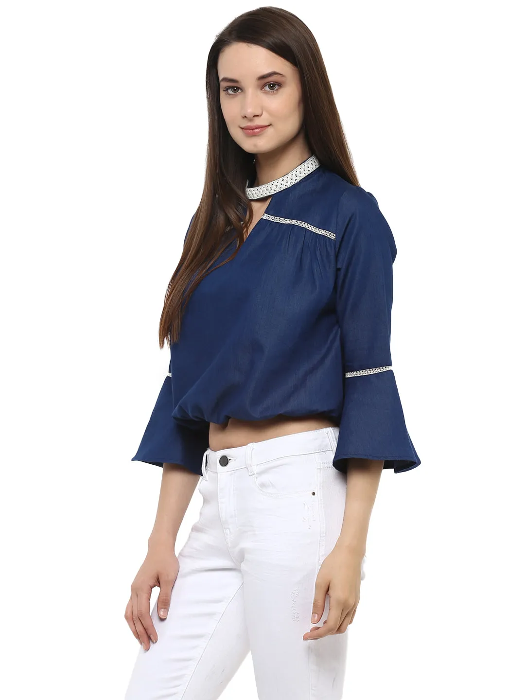 Women's  Denim peasant top with Lace detailing - StyleStone