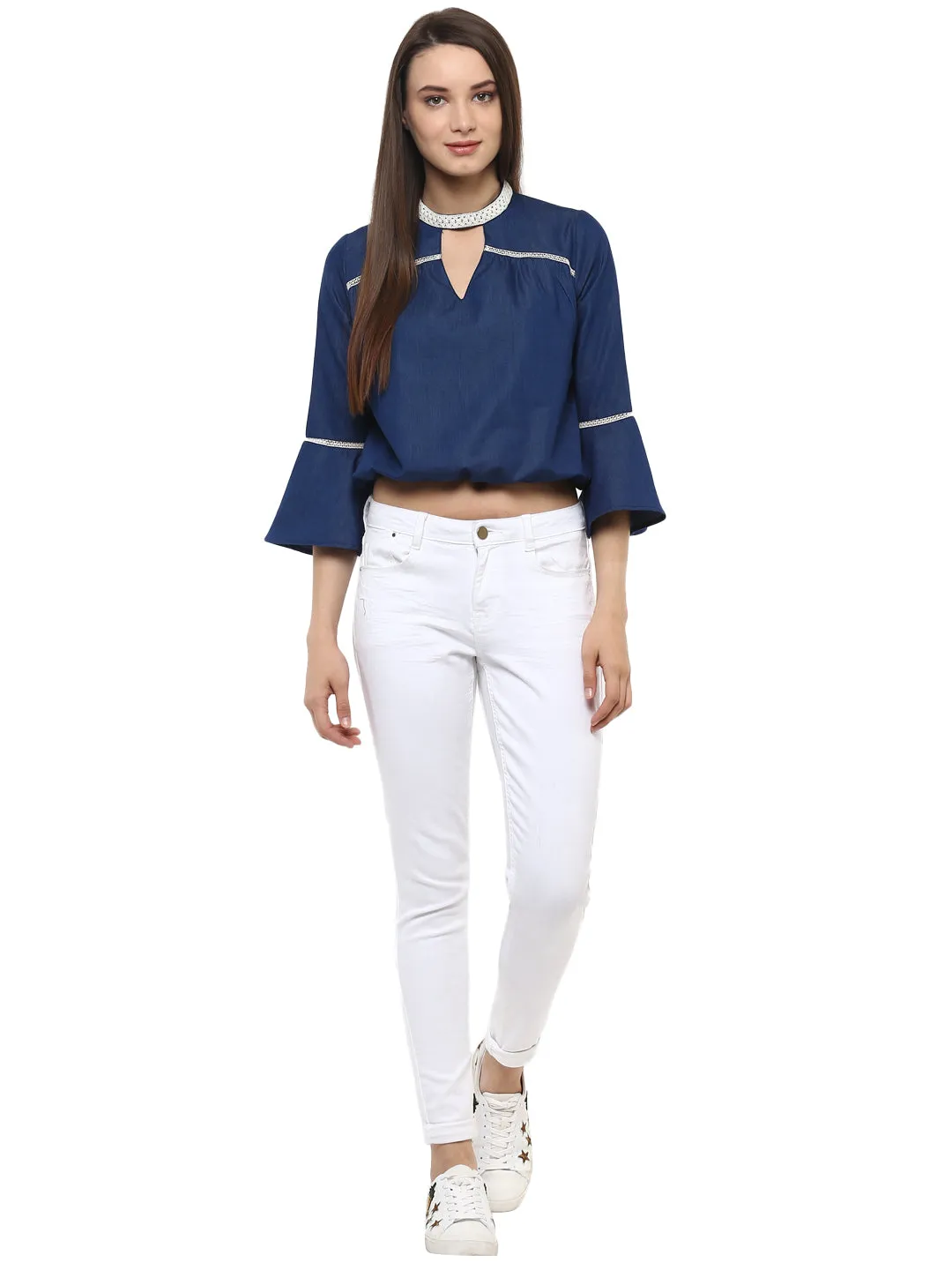 Women's  Denim peasant top with Lace detailing - StyleStone