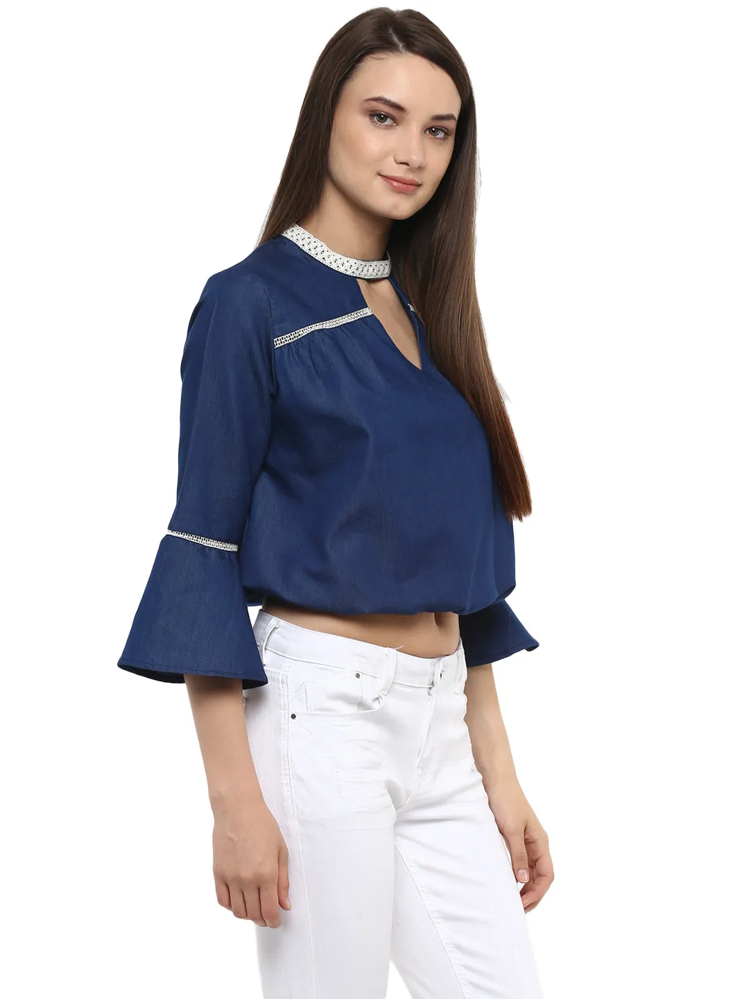 Women's  Denim peasant top with Lace detailing - StyleStone