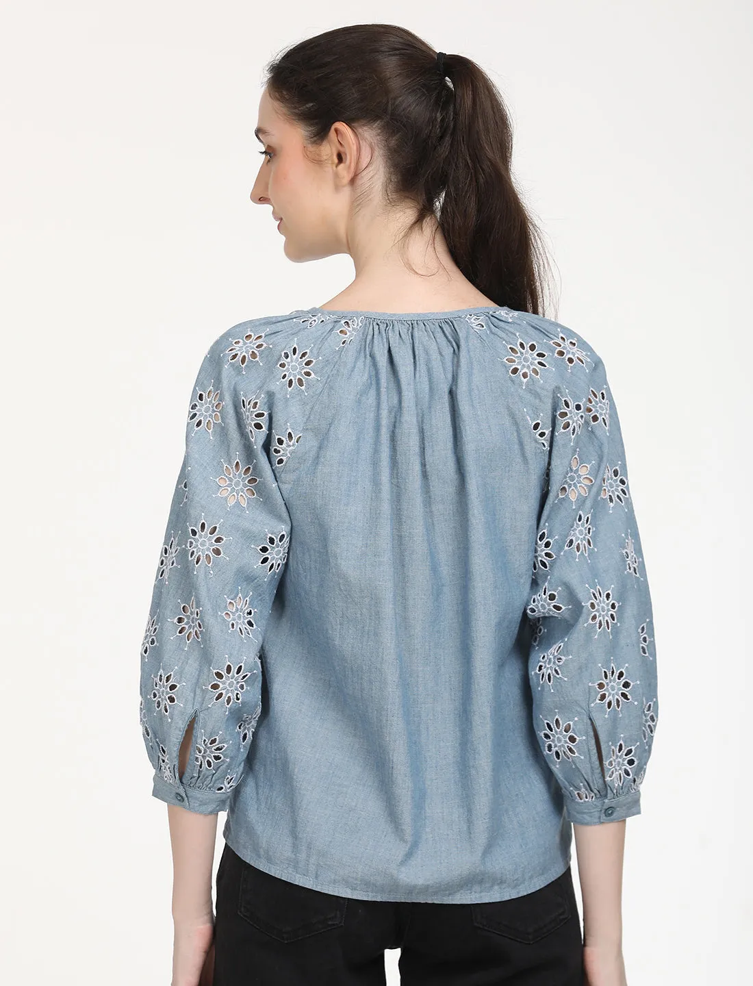 Women's Floral Print Blue Peasant Top