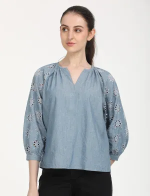 Women's Floral Print Blue Peasant Top