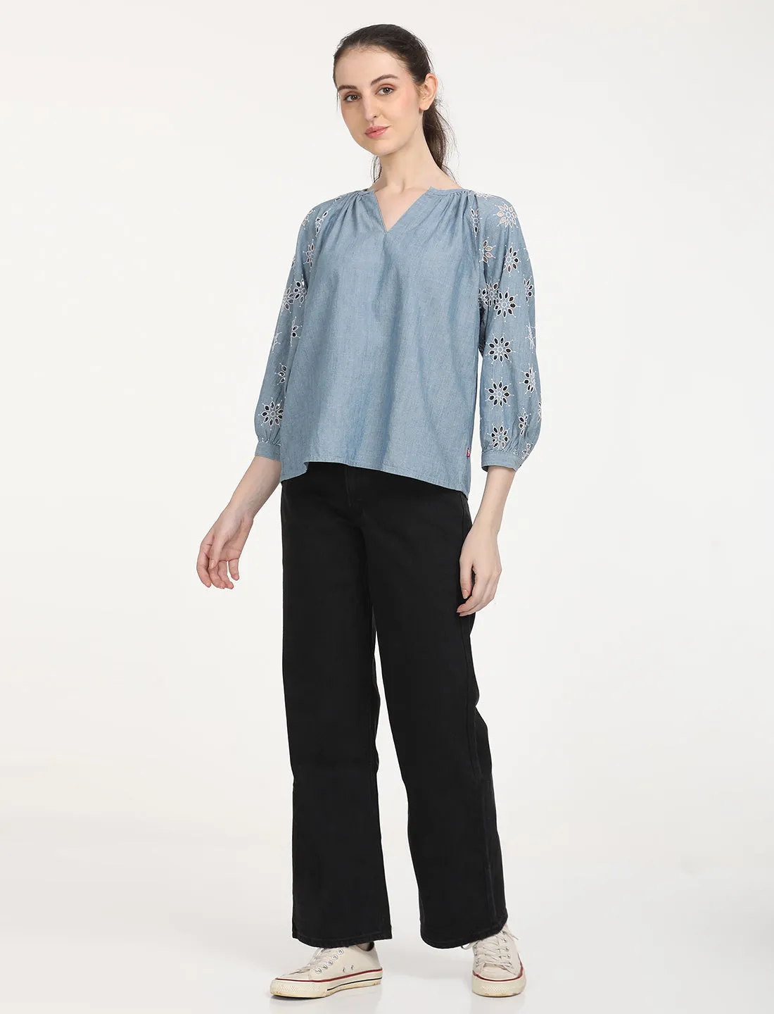 Women's Floral Print Blue Peasant Top