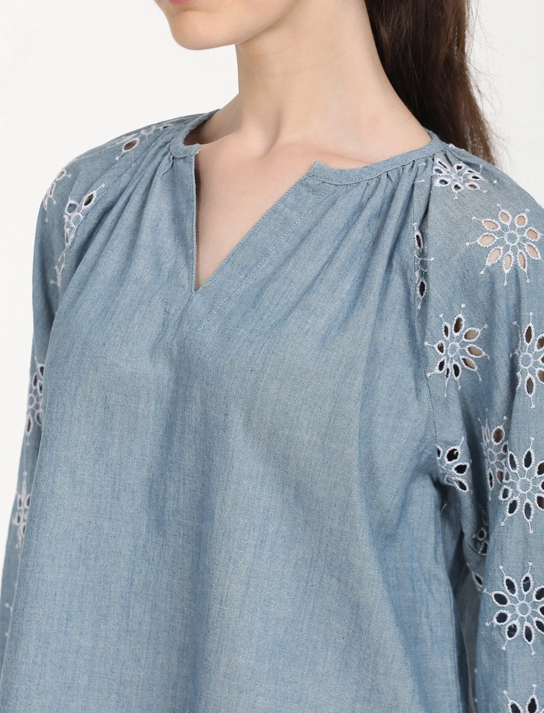 Women's Floral Print Blue Peasant Top