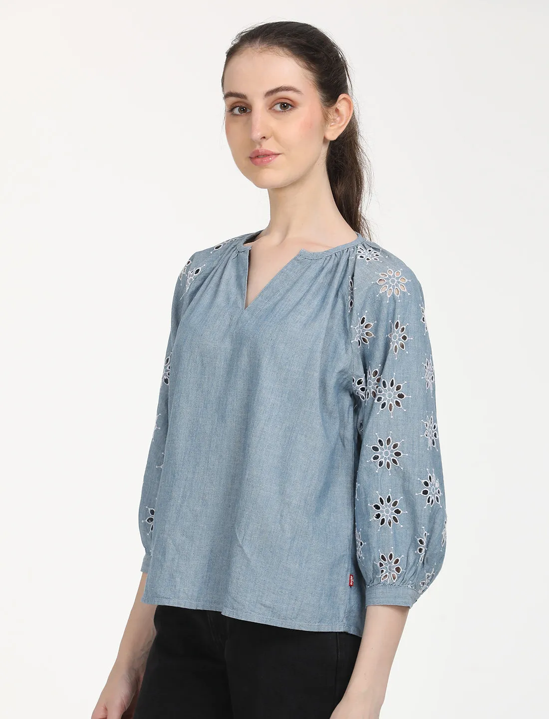 Women's Floral Print Blue Peasant Top