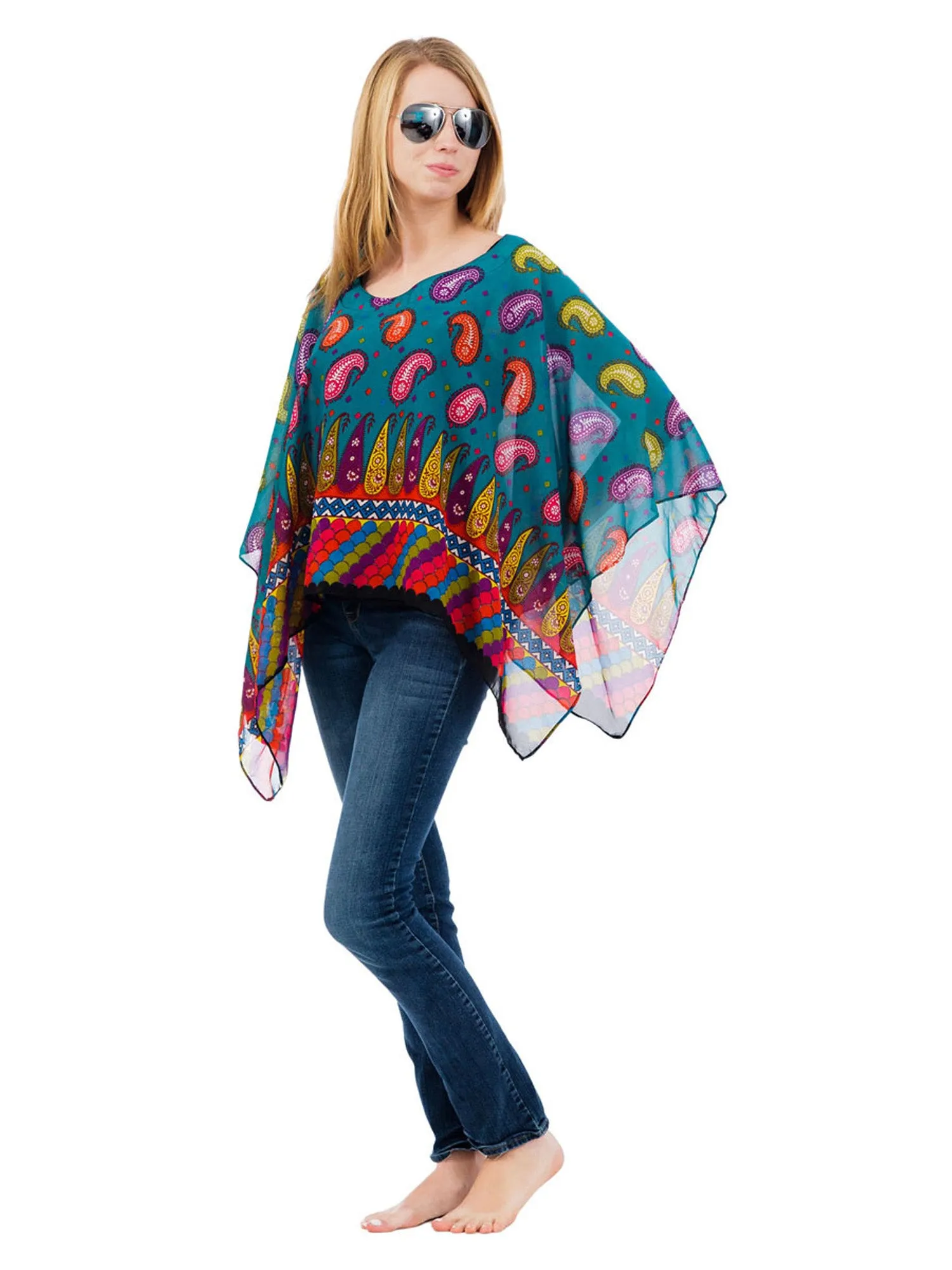 Women's Poncho, Turquoise Paisley Print
