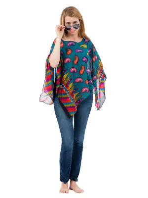 Women's Poncho, Turquoise Paisley Print
