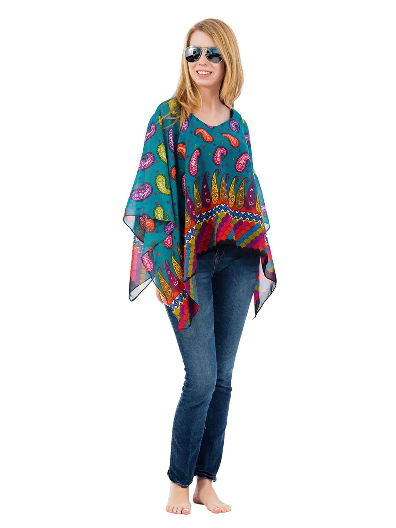Women's Poncho, Turquoise Paisley Print